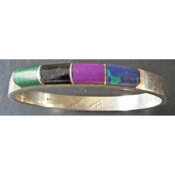 Taxco Sterling Silver Onyx Bracelet Bangle Surgilite  Malachite  Hinged 6.75 " - Picture 1 of 5